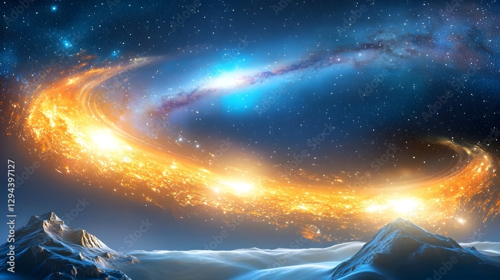 Expansive view of the Milky Way galaxy arching gracefully over a serene and majestic mountain range with deep blues and purples blending seamlessly with the natural beauty of the landscape