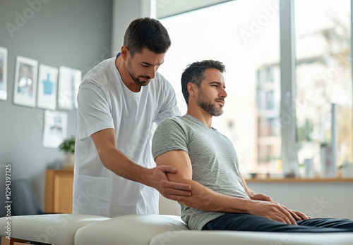 Male Patient Receiving Shoulder Treatment from a Male Physical Therapist in a Bright Office