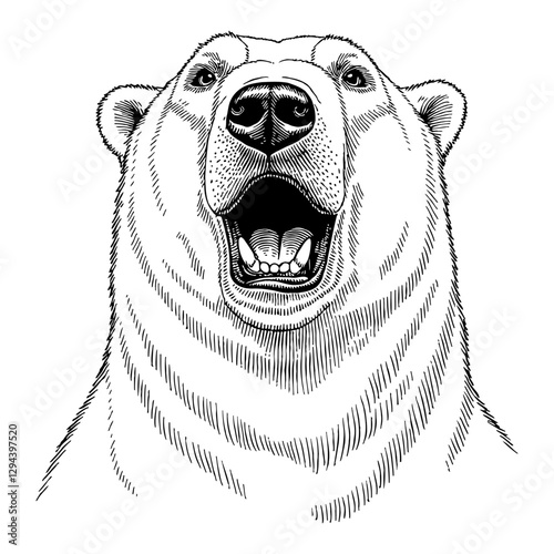 Front View of Polar Bear with Shocked Expression in Black and White Outline Line Art Drawing