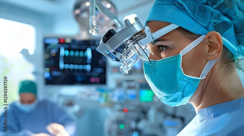Female Doctor Performing Cutting Edge Robotic Assisted Surgery in Highly Advanced Operating Theater Wearing Surgical Mask and Glasses