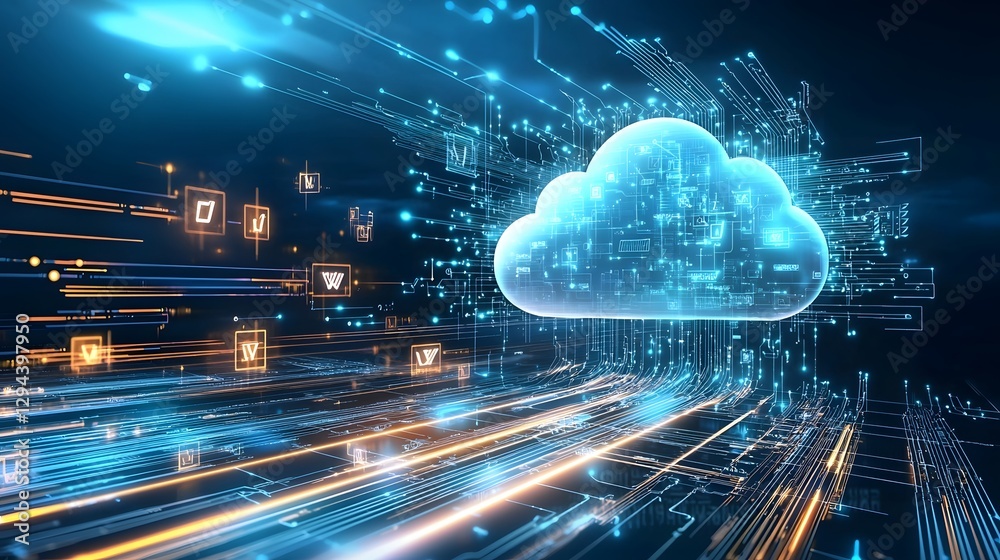 Flowing Digital Data into Luminous Futuristic Cloud Hologram on Deep Blue Tech Background with Golden Circuits and Floating Digits Innovative Web Technology Concept