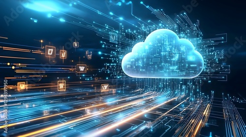 Obraz na płótnie Flowing Digital Data into Luminous Futuristic Cloud Hologram on Deep Blue Tech Background with Golden Circuits and Floating Digits Innovative Web Technology Concept w salonie