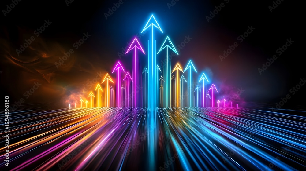 Futuristic abstract background featuring a dynamic display of luminous neon arrows rising upwards against a dark gradient conveying a sense of innovation progress and positive direction