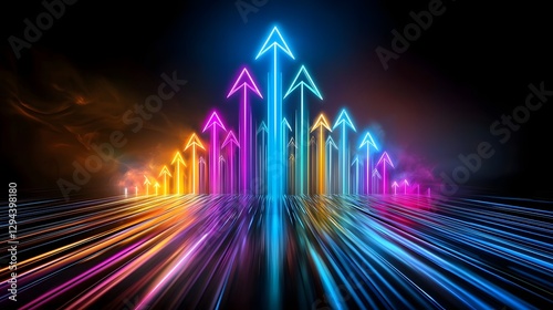 Obraz na płótnie Futuristic abstract background featuring a dynamic display of luminous neon arrows rising upwards against a dark gradient conveying a sense of innovation progress and positive direction w salonie