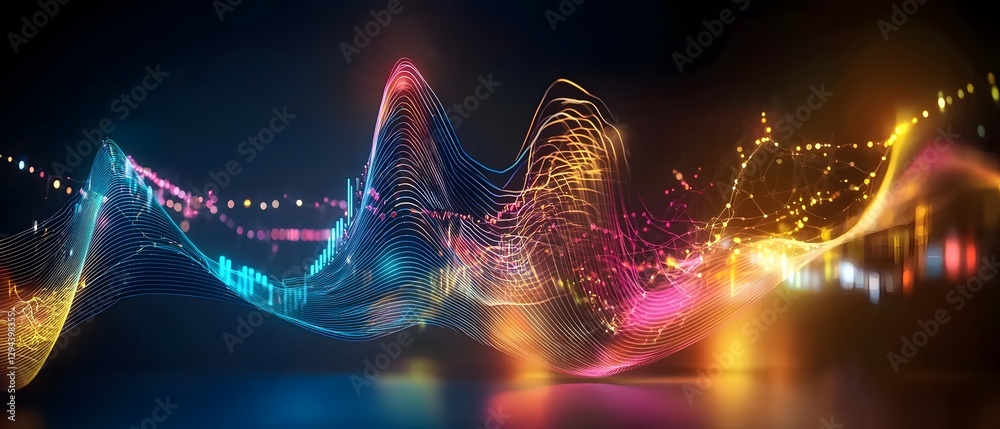 Futuristic abstract digital background with a dynamic display of flowing neon lines and data waves in deep blue and vibrant purple tones perfect for themes related to AI neural networks