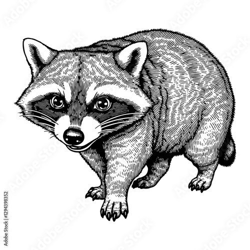 Detailed Raccoon Looking Forward with Shocked Expression Black and White Outline Line Art Drawing