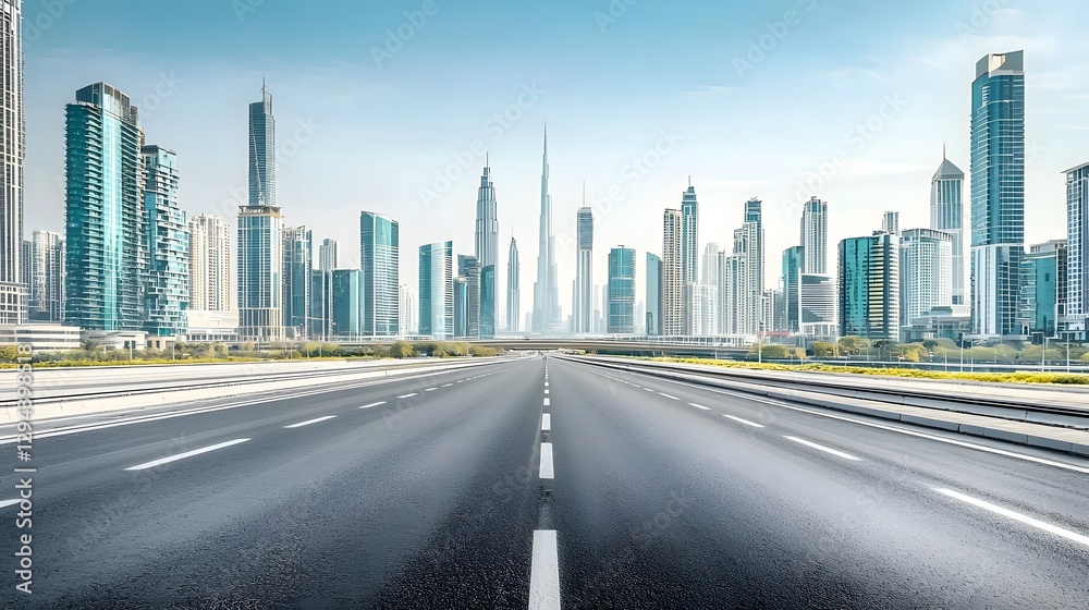Futuristic cityscape with a smooth empty highway leading into towering glass skyscrapers vibrant reflections on the buildings representing innovation