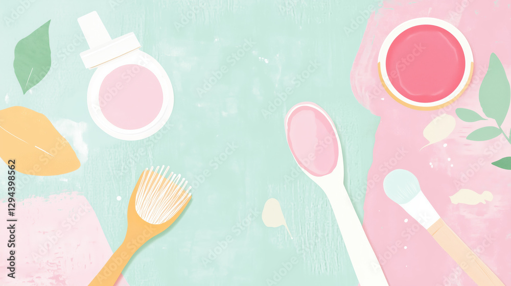 2D illustration of Dynamic flat lay of natural skincare products, including cleanser, brush, and cream, surrounded by leaves and pastel colors, creating fresh and eco friendly vibe 2D illustration of Dynamic flat lay of natural skincare products, including cleanser, brush, and cream, surrounded by leaves and pastel colors, creating fresh and eco friendly vibe