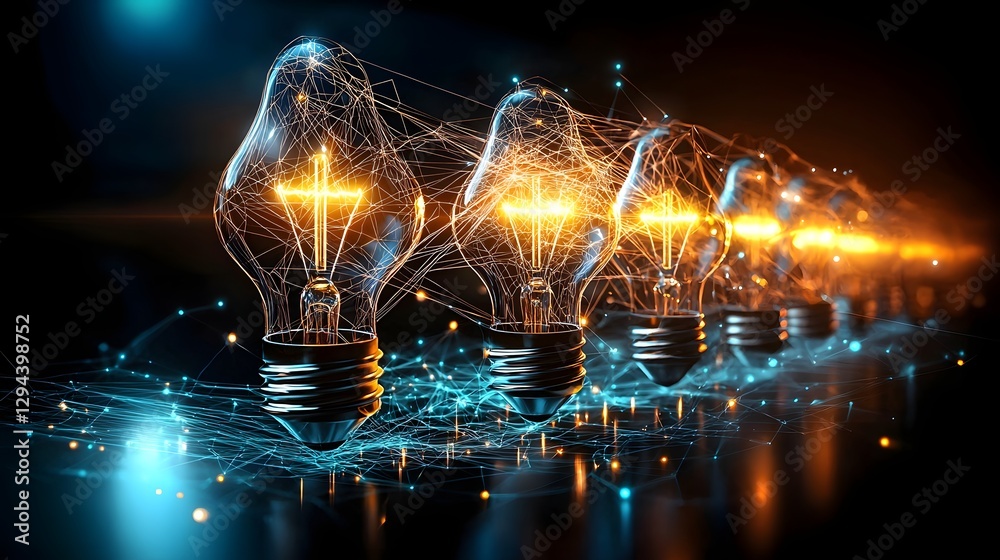 Futuristic concept of innovation bright light bulbs emitting electric energy glowing digital connections weaving through space representing creativity and technological advancement
