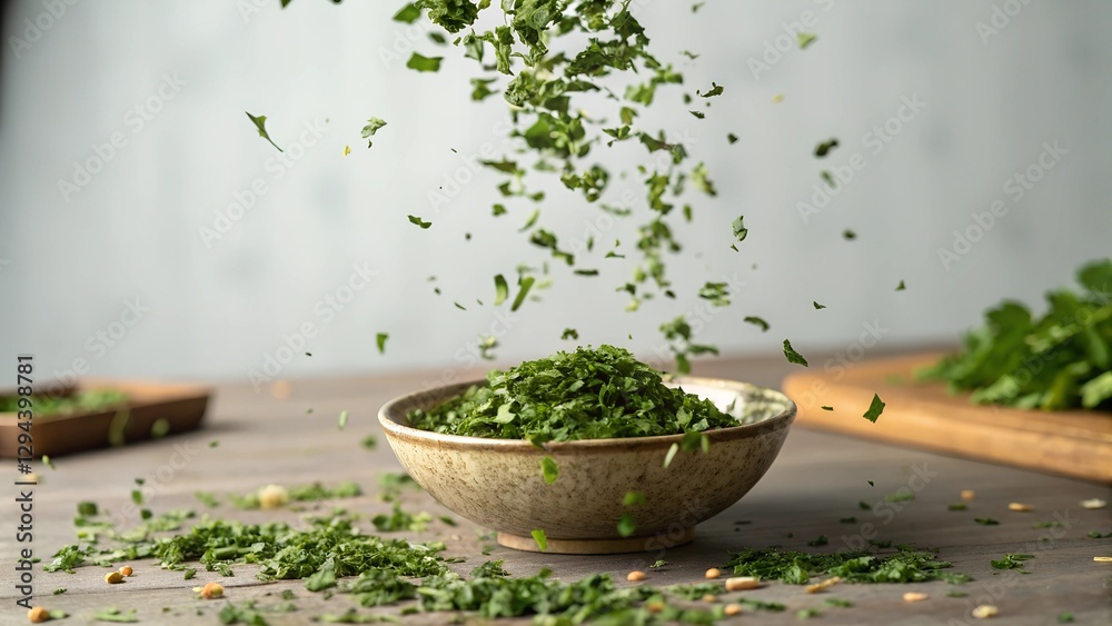 Chopped fresh parsley is being poured or falling into a small ceramic bowl on a wooden surface