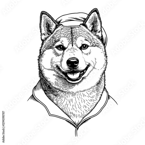 Smiling Shiba Inu Head Wearing Pajamas Cap Detailed Black and White Outline Line Art Drawing