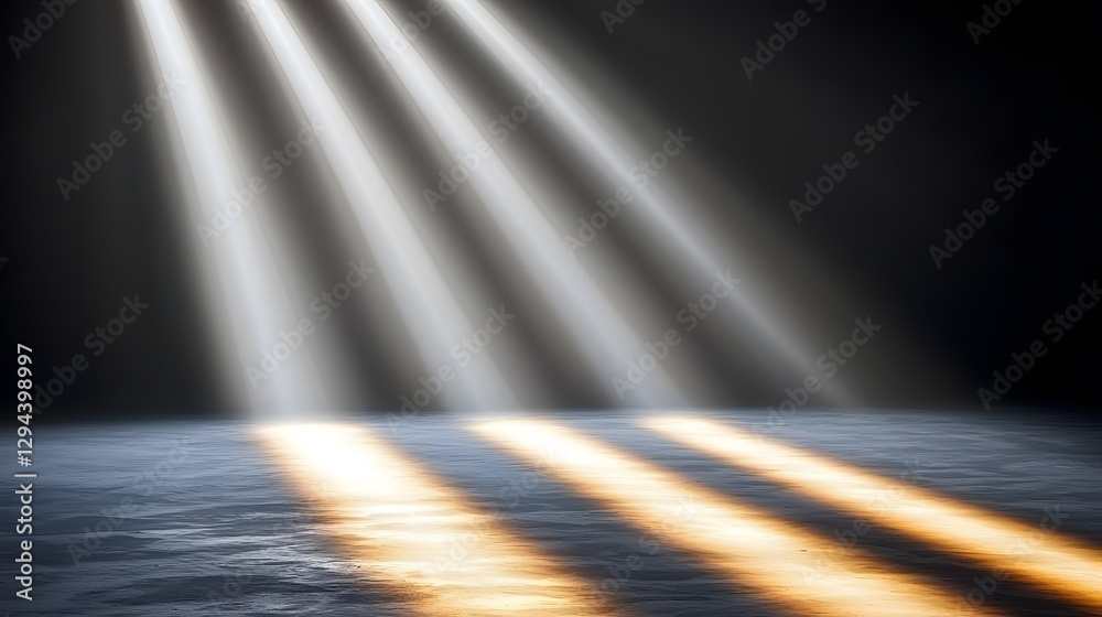 Obraz premium Beams of light illuminating calm water surface in a dark environment creating a serene and peaceful atmosphere.
