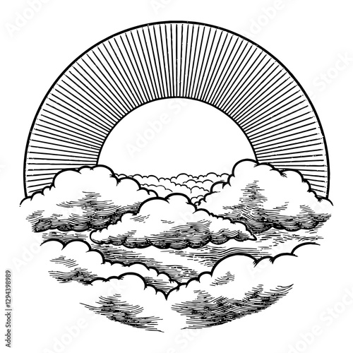 Engraving Style Sun with Clouds Black and White Outline Line Art Drawing Illustration