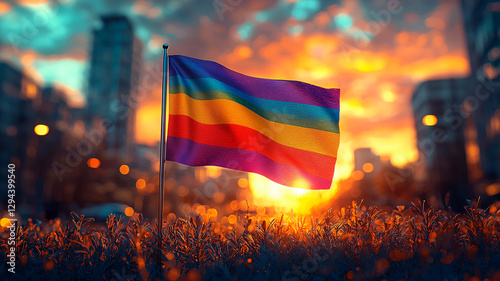 Backlit Pride Flag, City Sunset, Empowering Street Moment

