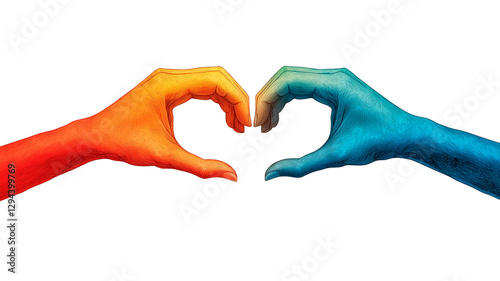 Abstract Hands Forming Heart, Red-Blue Color Fusion, Love Equality