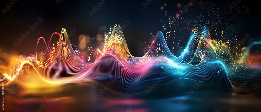 Glowing abstract waveforms and data streams forming a vibrant technological landscape with electric blue and soft golden hues suitable for science education and futuristic media projects