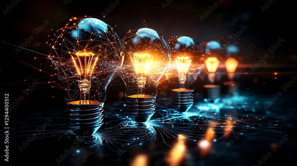 Glowing interconnected light bulbs shining with intense brilliance representing the evolution of innovative digital intelligence and the power of modern technology