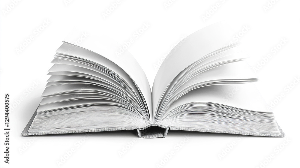 Open book with crisp pages fanned out on white background Open book with crisp pages fanned out on white background