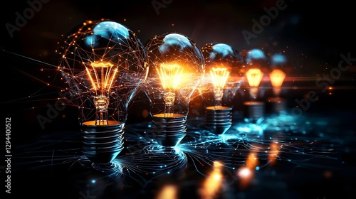 Obraz na płótnie Glowing interconnected light bulbs shining with intense brilliance representing the evolution of innovative digital intelligence and the power of modern technology w salonie