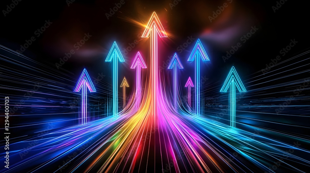 Glowing neon arrows pointing upwards through the darkness vibrant electric blue and pink lights radiating energy symbolizing progress direction and forward motion Abstract digital with futuristic