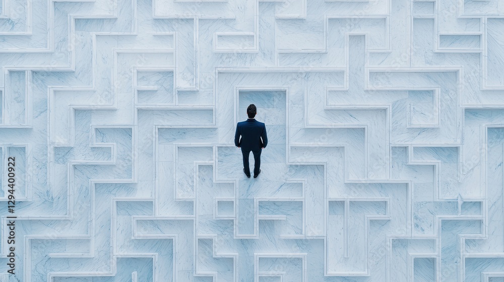 Businessman Standing Alone in a Maze of White Geometric Shapes Businessman Standing Alone in a Maze of White Geometric Shapes