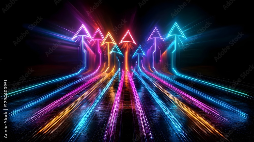 High energy digital scene with bright neon arrows shining against a deep black backdrop strong beams of light extending outward to emphasize speed direction