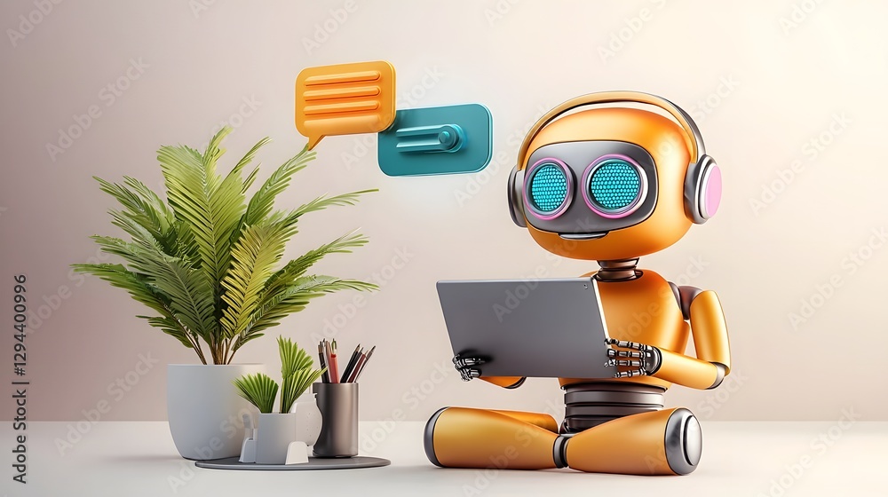 Humanoid chatbot assistant in a modern futuristic office workspace with desk plants stationery and other digital technology 3D depicting an AI driven automated work environment of the future