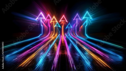Obraz na płótnie High energy digital scene with bright neon arrows shining against a deep black backdrop strong beams of light extending outward to emphasize speed direction w salonie