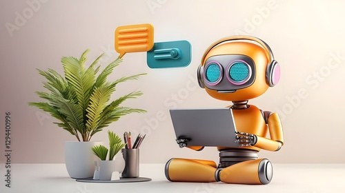 Obraz na płótnie Humanoid chatbot assistant in a modern futuristic office workspace with desk plants stationery and other digital technology 3D depicting an AI driven automated work environment of the future w salonie