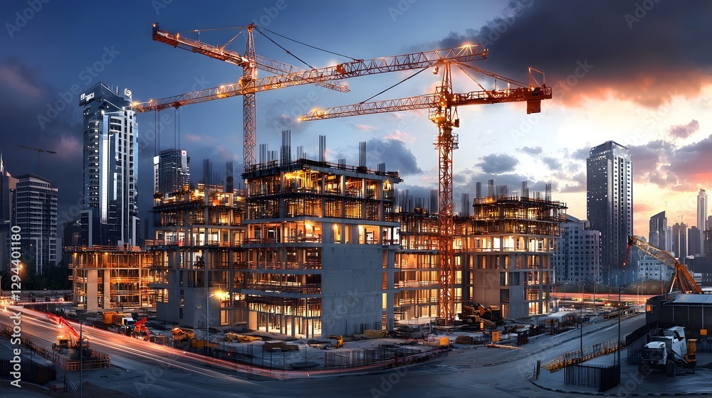 Illuminated Cranes and Unfinished Buildings Glowing Under Lights in a Nighttime Urban Cityscape with Skyline in the Distance Capturing the Progress and Growth of a Construction Project