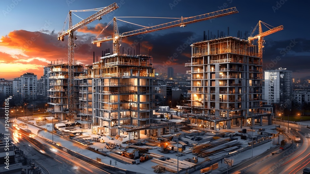 Illuminated Nighttime Construction Site with Glowing Cranes and Unfinished Skyscrapers Long Exposure Capturing the Movement and Energy of the Urban Development