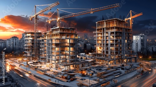 Obraz na płótnie Illuminated Nighttime Construction Site with Glowing Cranes and Unfinished Skyscrapers Long Exposure Capturing the Movement and Energy of the Urban Development w salonie