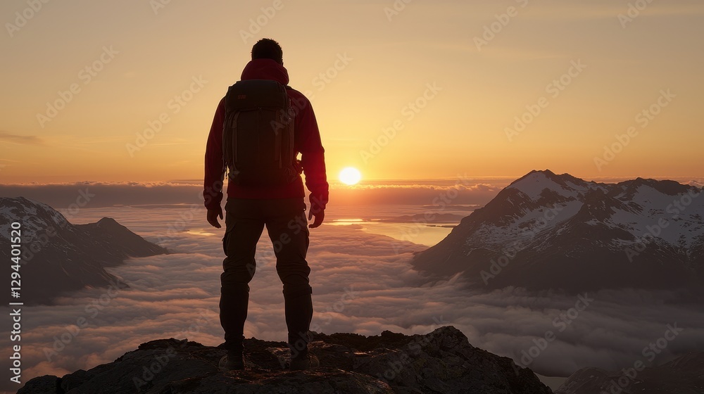 Fototapeta premium Hiker Observes Breathtaking Sunset Over Mountainous Landscape