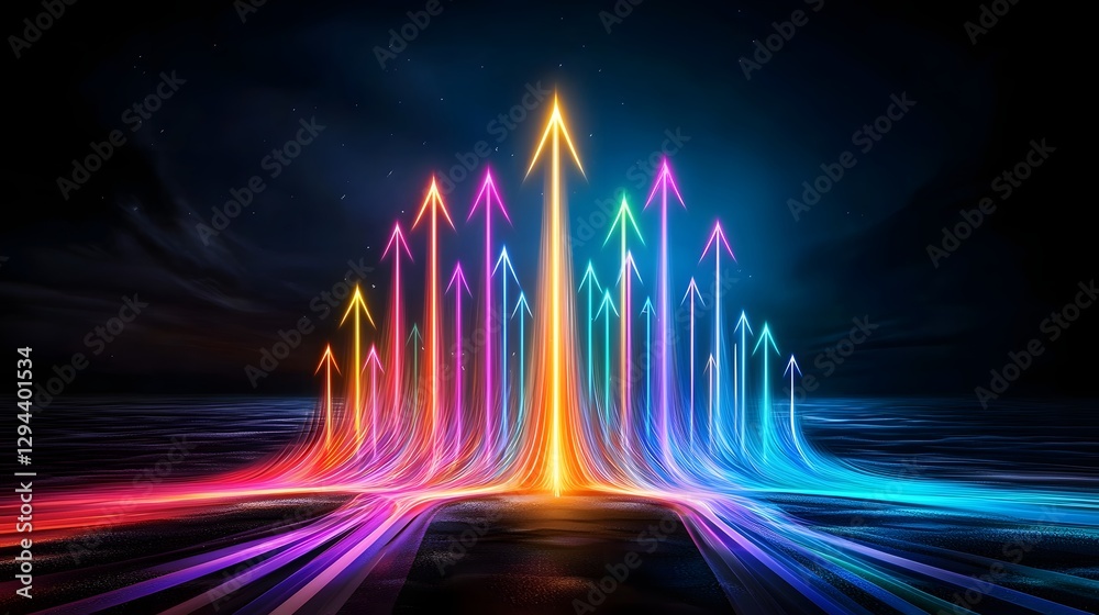 Luminous neon arrows rising upwards against a soft glowing gradient background conveying a sense of movement innovation and positive direction towards the future