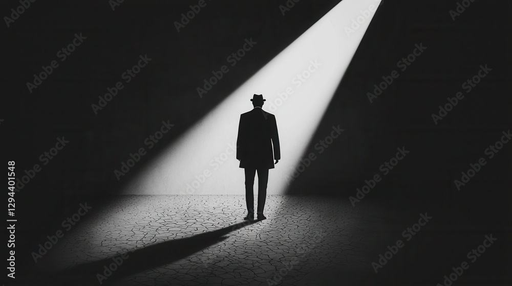 Obraz premium Mysterious Figure in Spotlight Against Dark Background in Black and White