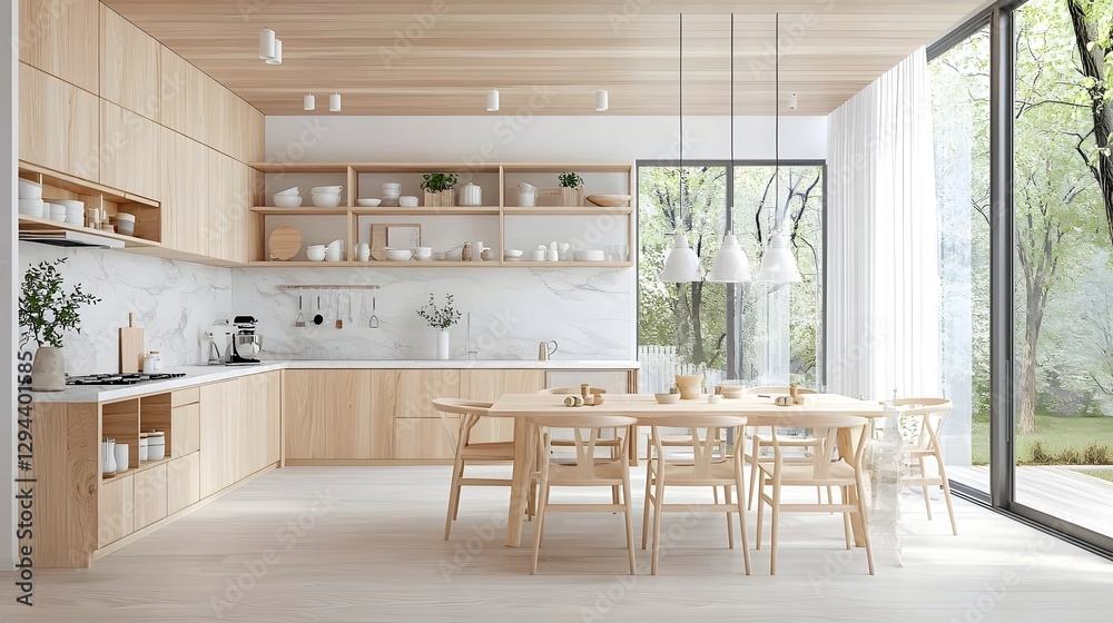Luxurious open plan home featuring a refined kitchen and dining area with light toned wooden elements marble countertops and subtle decorative accents creating a timeless and elegant aesthetic
