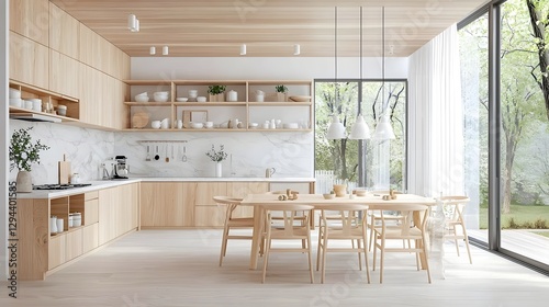 Obraz na płótnie Luxurious open plan home featuring a refined kitchen and dining area with light toned wooden elements marble countertops and subtle decorative accents creating a timeless and elegant aesthetic w salonie