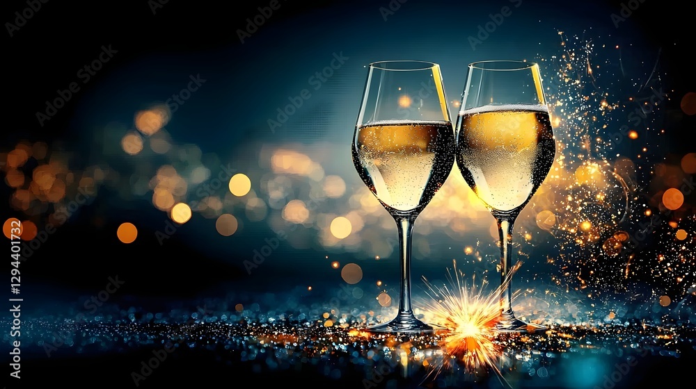 Luxurious scene with crystal clear champagne glasses reflecting golden light blurred bokeh backdrop creating a magical and sophisticated double exposure effect