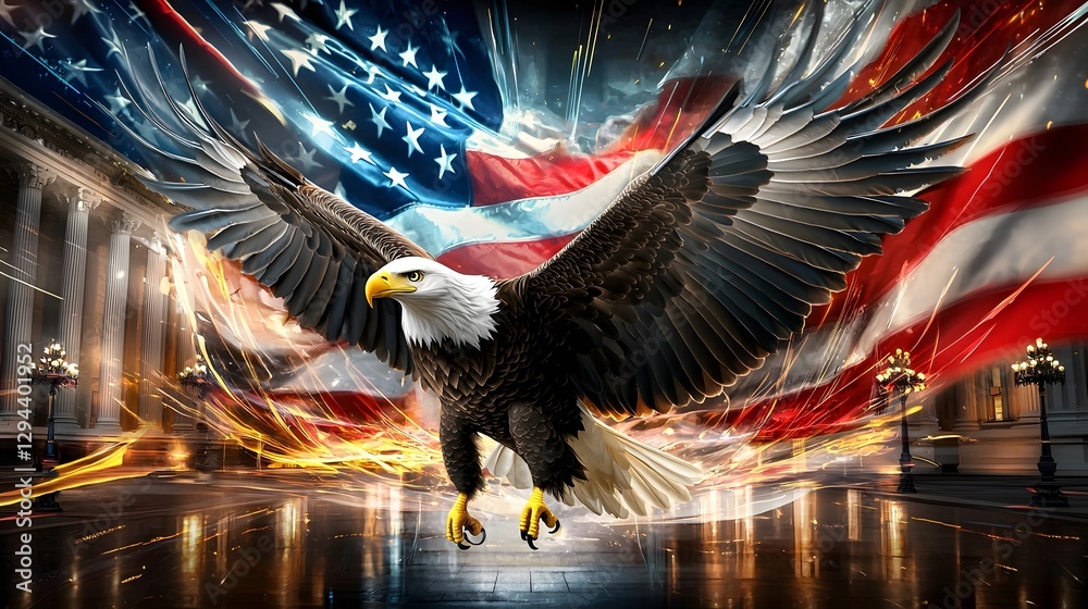 Majestic bald eagle with wings fully extended gliding above a prestigious political event