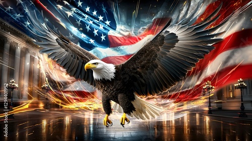 Obraz na płótnie Majestic bald eagle with wings fully extended gliding above a prestigious political event w salonie