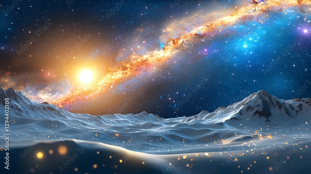 Majestic cosmic landscape with glowing Milky Way vibrant cosmic colors reflecting on the snow capped peaks evoking a sense of the harmony of nature and the universe