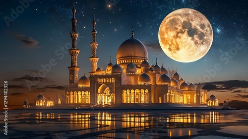 Majestic Islamic mosque silhouetted against a radiant full moon with warm lights glowing from the windows and a tranquil reflection in the water set against a serene and atmospheric starry night sky