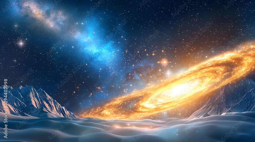 Mesmerizing nightscape showcasing towering mountains beneath a radiant ethereal galaxy The serene yet powerful landscape illuminated by the glow of starlight evokes a sense of adventure wonder