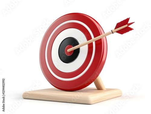 Minimalist and clean design concept featuring a single red and black bullseye target with an elegant wooden arrow perfectly lodged in the center symbolizing precision accuracy
