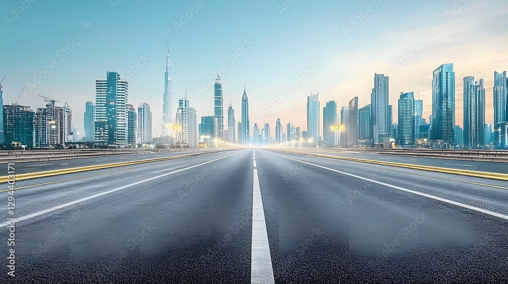 Minimalist composition of an empty highway merging into a glowing metropolitan skyline city lights shining under a twilight sky symbolizing growth and urban expansion