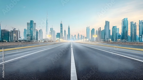 Obraz na płótnie Minimalist composition of an empty highway merging into a glowing metropolitan skyline city lights shining under a twilight sky symbolizing growth and urban expansion w salonie