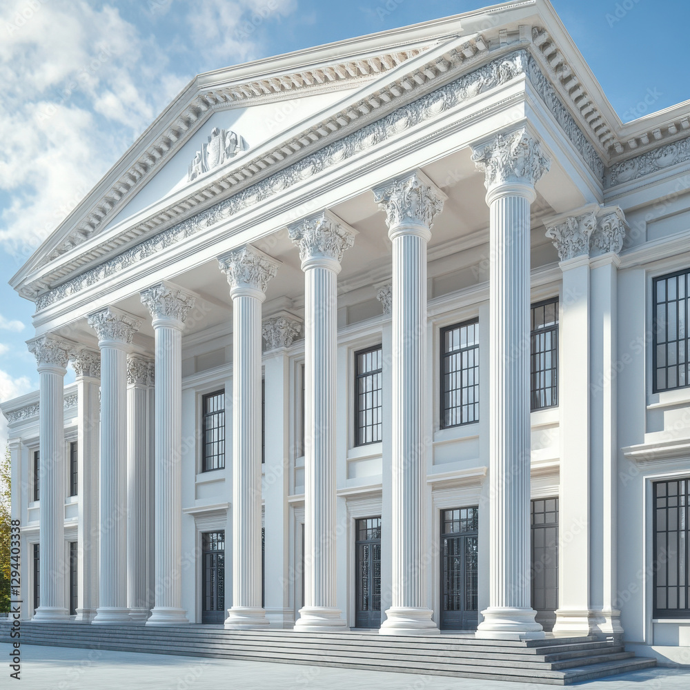 Obraz premium A monumental neoclassical government building with towering white columns, dramatic perspective shot, high-definition realism, ultra-detailed historic architecture. 