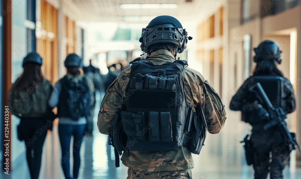 Armed military personnel walk through a building hallway. Armed military personnel walk through a building hallway.