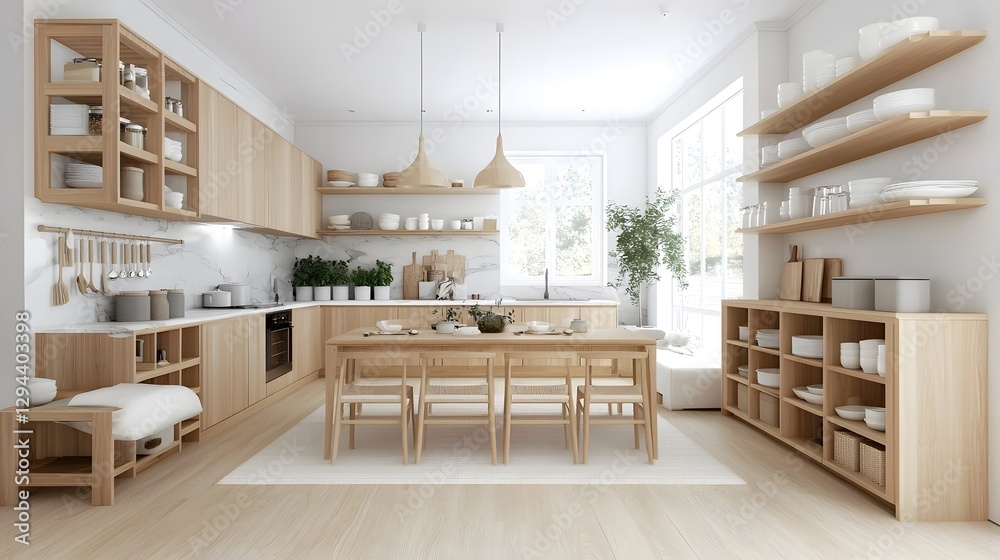Minimalist modern kitchen seamlessly blending with a dining area featuring light wood cabinetry marble countertops and stylish pendant lighting creating a cozy yet luxurious atmosphere with a clean