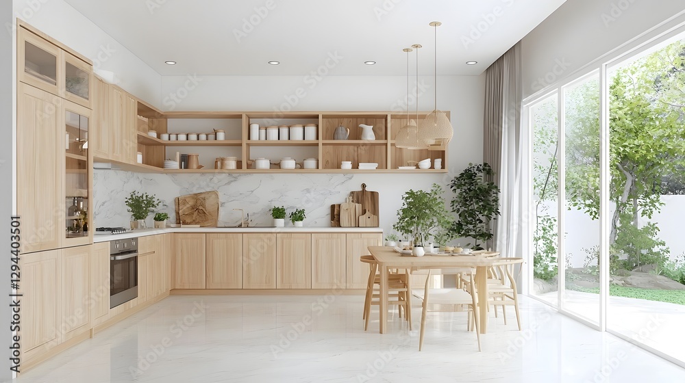 Minimalist modern kitchen seamlessly blending with a sophisticated dining area featuring light wood cabinetry marble countertops neutral tones